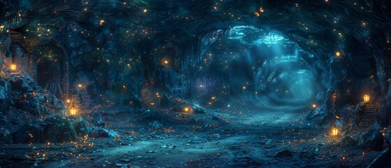 The scene features abandoned ruins, a road, and a tunnel for an abandoned dungeon cave with glowing lanterns and butterflies. Lamps illuminate magical trails leading out of the cave towards mystical