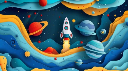 KS 3d paper cut_space background with rocket_planets 