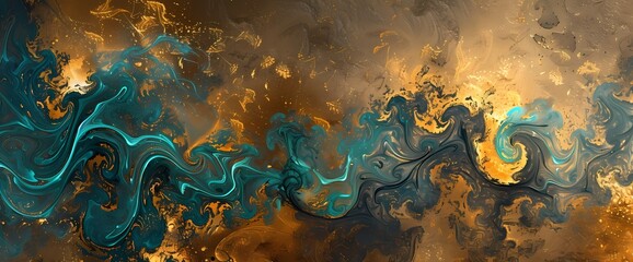 Turquoise tendrils dancing over an abstract backdrop of rich gold and steel gray. - obrazy, fototapety, plakaty