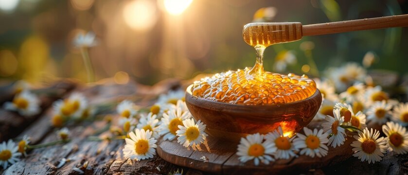 Daisies and honey are on the table, as well as a glass of milk and a bowl with honey