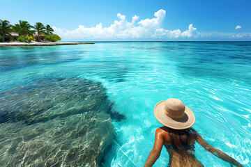 Fototapeta na wymiar Woman swimming in turquoise ocean water on exotic island