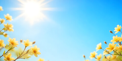 Obraz premium The sun shines brightly over a blossoming tree, casting a golden glow on the vibrant flowers in full bloom