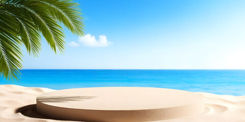Fototapeta na wymiar A sandy podium. A palm tree stands on a sandy beach overlooking the vast ocean under a clear blue sky