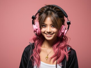 Girl With Pink Hair Wearing Headphones