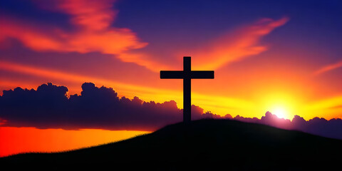 A cross stands atop a hill against the backdrop of a setting sun, casting long shadows across the landscape