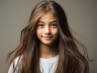 Young Girl With Long Hair in White Shirt