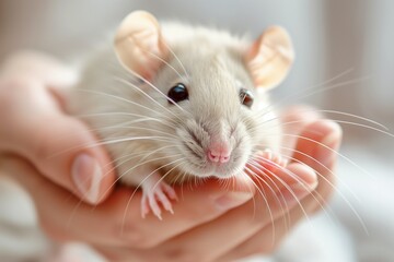 A white mouse in hands.