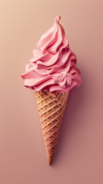ice cream in a waffle cone isolated pink background, top view, food minimalism, copy space