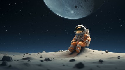3D playful render of astronaut on tiny moon