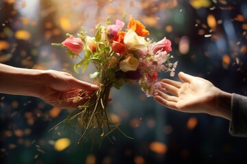 Two hands reaching towards each other, with one hand offering a bouquet of vibrant flowers amidst a...