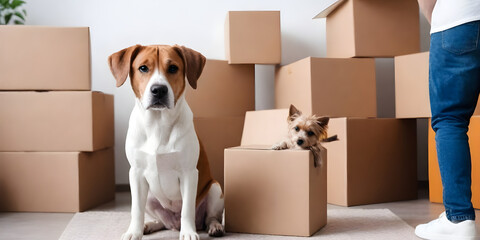 A brown dog and a small puppy are sitting in front of a stack of boxes. The dog is looking at the puppy, while the puppy seems curious about the boxes