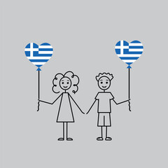 greek children, love Greece sketch, girl and boy with a heart shaped balloons, black line vector illustration