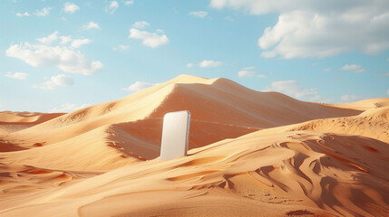A lone white iPhone, gleaming in a surreal 3D desert, beckons to be discovered.