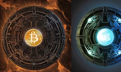 Fototapeta premium A conceptual artwork split between two scenes, each featuring a Bitcoin symbol in a stylized, high-tech vault: one bathed in warm, fiery tones, the other in cool, electronic blues. AI generation