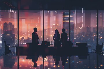 Silhouettes of professionals in a high-rise office with a dusk cityscape backdrop, encapsulating metropolitan business life.. - obrazy, fototapety, plakaty