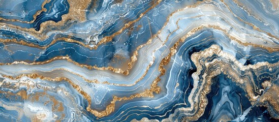 A detailed closeup capturing the intricate pattern of blue and gold marble, resembling electric blue waves in a natural landscape. A stunning fusion of art and geology