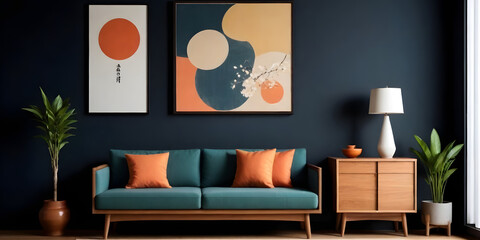 A living room featuring a blue couch with two paintings hanging on the wall behind it