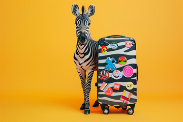 Cute zebra next to a modern travel suitcase with stickers on yellow background. Minimal summer travel concept. Creative animal concept
