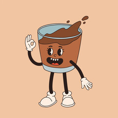 Retro cartoon coffee cup character. Mug mascot in different poses. 60s 70s 80s groovy contour vector illustration. Espresso, latte, cappuccino, black coffee cup.