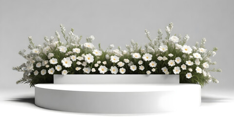 Fototapeta na wymiar White podium. A white flower pot containing white flowers displayed against a plain background