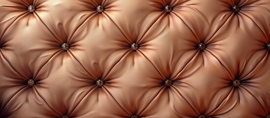 A macro photograph showcasing the intricate pattern of the buttons on a luxurious brown tufted leather couch, creating symmetry in natureinspired orange hues