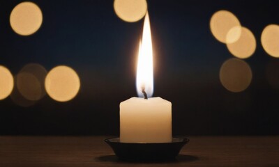 The sharp flame of a candle stands out with clarity against a bokeh light background, symbolizing hope and remembrance. AI generation