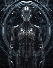 Fototapeta na wymiar A poised android figure stands within a technologically advanced halo, embodying futuristic aesthetics and intelligence. AI generation