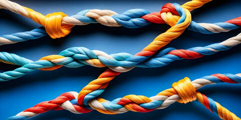 Detailed view of a multi colored rope, showcasing its different hues and textures