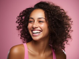 Smiling Woman With Curly Hair in Pink Tank Top