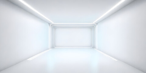 A white room devoid of any objects except for a distant light shining at the end, creating a stark and minimalist atmosphere