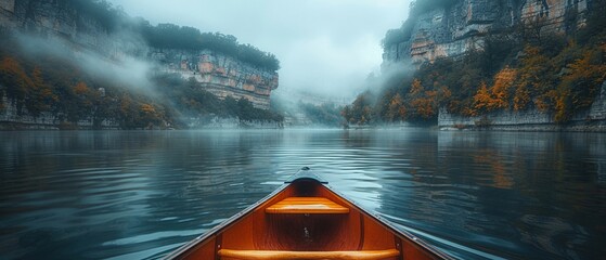 Canoeing through a misty ancient river gorge at dawn - obrazy, fototapety, plakaty