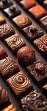 Artisan chocolate pieces with intricate designs close up
