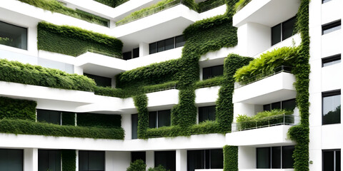 A building covered in a variety of plants, showcasing a vibrant display of greenery and foliage against the architecture