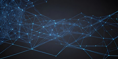 A dark background featuring blue lines and dots scattered across
