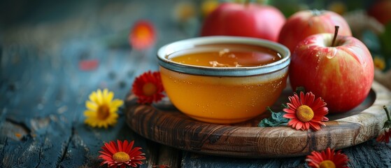 A bowl with honey, a plate with red apples, a board with daisies, and a bowl with honey - obrazy, fototapety, plakaty