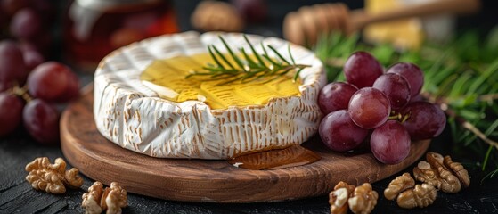 On the wooden board are a round camembert cheese, honey, walnuts, and grapes - obrazy, fototapety, plakaty
