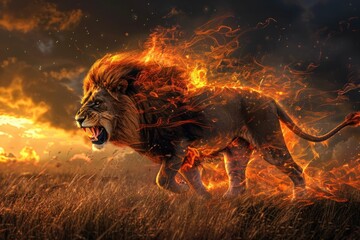 Naklejka premium Fiery Llion Roaring in Grassy Field A Majestic Wildlife Moment Captured in Stunning Detail