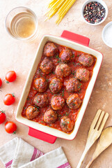 Meatballs in tomato sauce with herbs. Paste. Italian Cuisine.