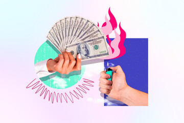 Composite photo collage of hand hold fan money cash dollars lighter bonfire inflation loss problem...