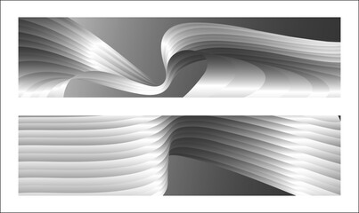 Fototapeta na wymiar Monochrome cover design, abstract background. Wavy silver parallel gradient lines, ribbons, silk. Set of 2 backgrounds. Black and white with shades of gray banner, poster. eps vector