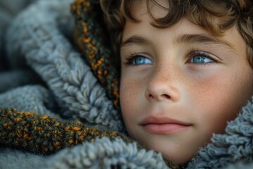 Stunning close-up of a boy's face, his clear blue eyes wrapped in the warmth of a cozy knit blanket