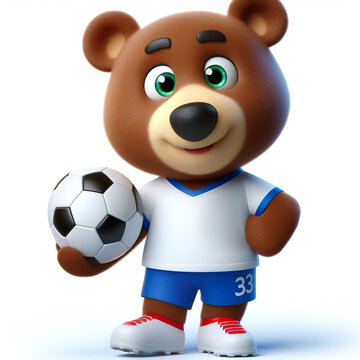 Cute character 3D image of a  brown bear  football clothes playing a football, funny, happy, smile, white background
