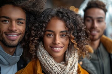 A striking young woman surrounded by friends, all smiling and content