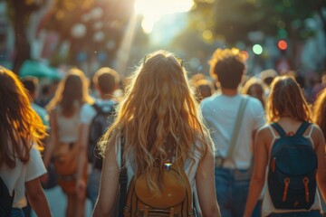 Back view of a young woman with golden hair walking alone amongst a bustling crowd at sunset in an urban setting - obrazy, fototapety, plakaty