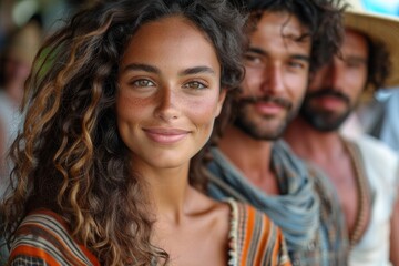 A relaxed smiling woman in the foreground with blurred male companions behind her - obrazy, fototapety, plakaty