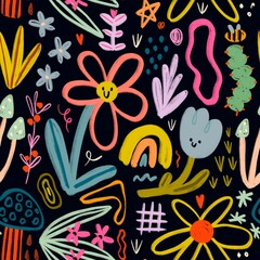 Flowers, mushroom, rainbow, caterpillar, doodles. Hand drawn childish illustration. Square seamless Pattern. Repeating design element for printing. Template for fabrics, textiles, wallpaper, clothes - 779769152
