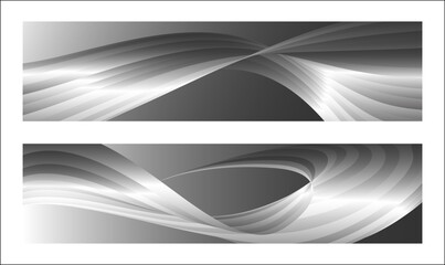 Fototapeta premium Monochrome cover design, abstract background. Wavy silver parallel gradient lines, ribbons, silk. Set of 2 backgrounds. Black and white with shades of gray banner, poster. eps vector