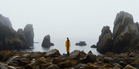 A man stands on a rocky shoreline, looking out at the ocean - obrazy, fototapety, plakaty