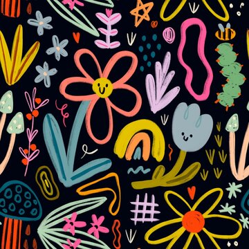 Flowers, mushroom, rainbow, caterpillar, doodles. Hand drawn childish illustration. Square seamless Pattern. Repeating design element for printing. Template for fabrics, textiles, wallpaper, clothes