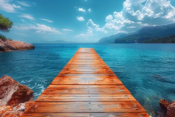 A mesmerizing view down a wooden jetty leading the eye towards the clear blue sea against a backdrop of mountains and clear skies - obrazy, fototapety, plakaty